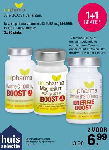 Promotions Unipharma vitamine b12 1000 mcg energie boost kauwtabletjes - Unipharma - Valide de 03/04/2024 à 20/04/2024 chez De Online Drogist