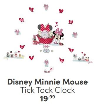 Promotions Disney minnie mouse tick tock clock - Disney - Valide de 06/04/2024 à 20/04/2024 chez Baby & Tiener Megastore