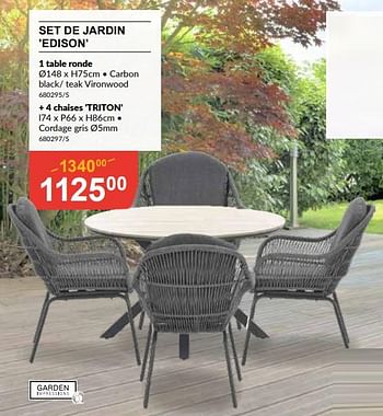 Promoties Set de jardin edison 1 table rond + 4 chaises triton - Garden Impressions - Geldig van 28/03/2024 tot 14/04/2024 bij HandyHome