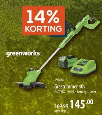 Promotions Greenworks grastrimmer g40t5k2 - Greenworks - Valide de 28/03/2024 à 24/04/2024 chez Cevo Market