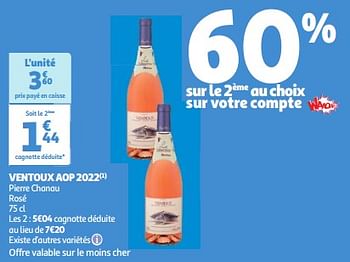 Promoties Ventoux aop 2022 pierre chanau rosé - Rosé wijnen - Geldig van 09/04/2024 tot 15/04/2024 bij Auchan