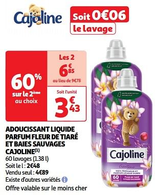 Promoties Adoucissant liquide parfum fleur de tiaré et baies sauvages cajoline - Cajoline - Geldig van 09/04/2024 tot 14/04/2024 bij Auchan