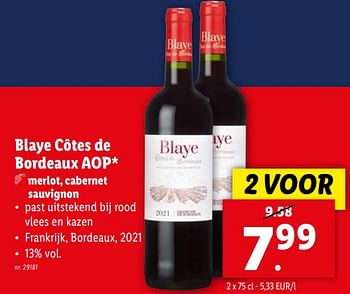 Promotions Blaye côtes de bordeaux aop - Vins rouges - Valide de 10/04/2024 à 16/04/2024 chez Lidl