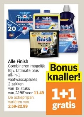 Promotions Alle finish ultimate plus all-in-1 vaatwascapsules - Finish - Valide de 08/04/2024 à 14/04/2024 chez Albert Heijn