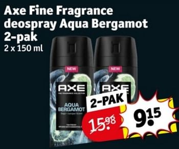 Promotions Axe fine fragrance deospray aqua bergamot - Axe - Valide de 09/04/2024 à 21/04/2024 chez Kruidvat