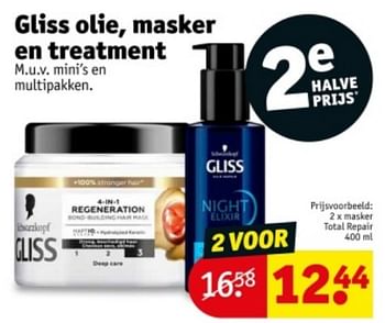 Promotions Gliss masker total repair - Schwarzkopf - Valide de 09/04/2024 à 21/04/2024 chez Kruidvat