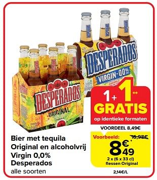 Promoties Bier met tequila original en alcoholvrij virgin desperados - Desperados - Geldig van 10/04/2024 tot 16/04/2024 bij Carrefour
