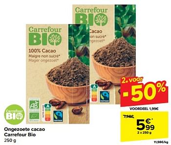 Promotions Ongezoete cacao carrefour bio - Produit maison - Carrefour  - Valide de 10/04/2024 à 16/04/2024 chez Carrefour