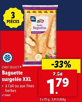 Promoties Baguette surgelée xxl - Chef select - Geldig van 10/04/2024 tot 16/04/2024 bij Lidl