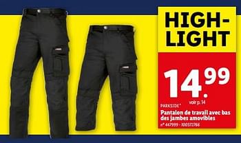 Promotions Pantalon de travail avec bas des jambes amovibles - Parkside - Valide de 10/04/2024 à 16/04/2024 chez Lidl