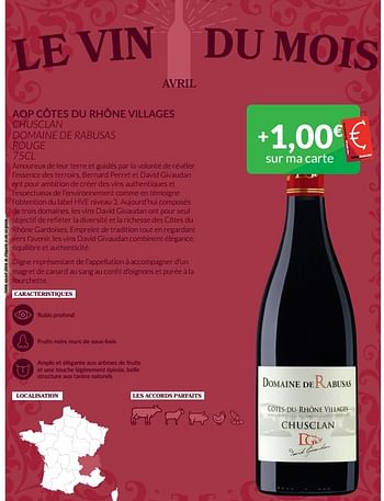 Promoties Aop côtes du rhône villages chusclan domaine de rabusas rouge - Rode wijnen - Geldig van 01/04/2024 tot 30/04/2024 bij Intermarche