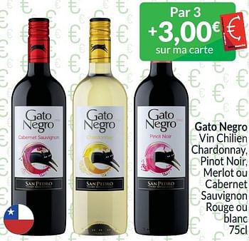 Promoties Gato negro vin chilien chardonnay, pinot noir, merlot ou cabernet sauvignon rouge ou blanc - Rode wijnen - Geldig van 01/04/2024 tot 30/04/2024 bij Intermarche