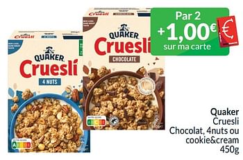Promoties Quaker cruesli chocolat, 4nuts ou cookie+cream - Quaker - Geldig van 01/04/2024 tot 30/04/2024 bij Intermarche