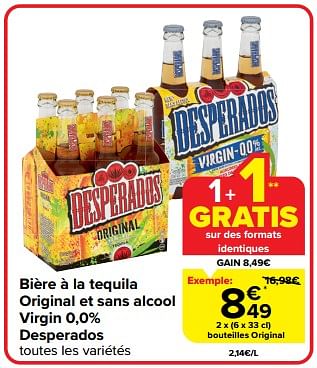 Promotions Bière à la tequila original et sans alcool virgin 0,0% desperados - Desperados - Valide de 10/04/2024 à 16/04/2024 chez Carrefour