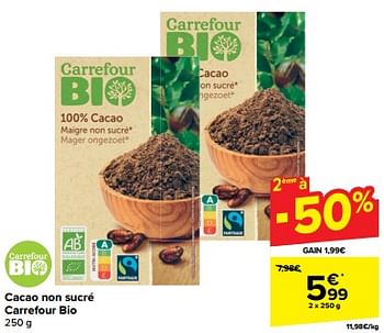Promoties Cacao non sucré carrefour bio - Huismerk - Carrefour  - Geldig van 10/04/2024 tot 16/04/2024 bij Carrefour