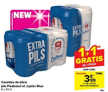 Promoties Canettes de bière pils piedboeuf et jupiler blue - Huismerk - Carrefour  - Geldig van 10/04/2024 tot 16/04/2024 bij Carrefour