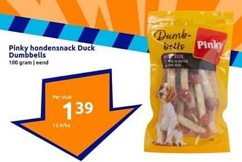 Promotions Pinky hondensnack duck dumbbells - Pinky - Valide de 10/04/2024 à 16/04/2024 chez Action