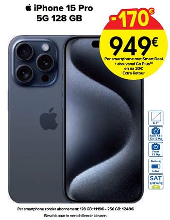 Promoties Apple iphone 15 pro 5g 128 gb - Apple - Geldig van 02/04/2024 tot 01/05/2024 bij Carrefour