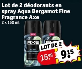 Promoties Lot de 2 déodorants en spray aqua bergamot fine fragrance axe - Axe - Geldig van 09/04/2024 tot 21/04/2024 bij Kruidvat
