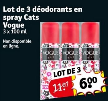 Promoties Lot de 3 déodorants en spray cats vogue - Vogue - Geldig van 09/04/2024 tot 21/04/2024 bij Kruidvat