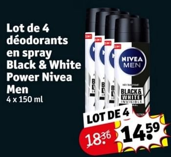Promotions Lot de 4 déodorants en spray black + white power nivea men - Nivea - Valide de 09/04/2024 à 21/04/2024 chez Kruidvat