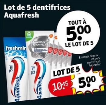Promoties Lot de 5 dentifrices freshmint - Aquafresh - Geldig van 09/04/2024 tot 21/04/2024 bij Kruidvat