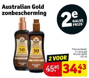 Promotions Spray gel bronzer spf 30 - Australian Gold - Valide de 09/04/2024 à 21/04/2024 chez Kruidvat