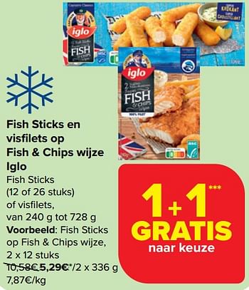 Promoties Fish sticks op fish + chips wijze - Iglo - Geldig van 10/04/2024 tot 22/04/2024 bij Carrefour