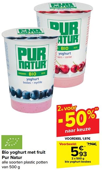 Promotions Bio yoghurt bosbes - Pur Natur - Valide de 10/04/2024 à 22/04/2024 chez Carrefour