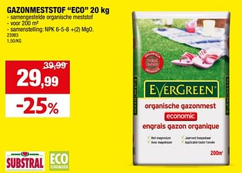 Promotions Gazonmeststof eco - Evergreen - Valide de 10/04/2024 à 21/04/2024 chez Hubo