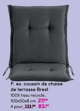 Promotions Coussin de chaise de terrasse brest - Produit maison - Leen Bakker - Valide de 08/04/2024 à 21/04/2024 chez Leen Bakker