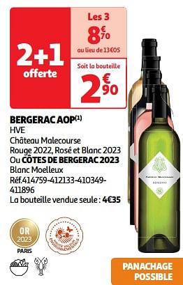 Promoties Bergerac aop hve château malecourse rouge 2022, rosé et blanc 2023 - Rode wijnen - Geldig van 09/04/2024 tot 21/04/2024 bij Auchan