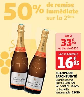 Promoties Champagne baron fuenté grande réserve brut ou demi-sec - Schuimwijnen - Geldig van 09/04/2024 tot 21/04/2024 bij Auchan