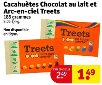 Promoties Cacahuètes chocolat au lait et arc-en-ciel treets - Treets - Geldig van 09/04/2024 tot 21/04/2024 bij Kruidvat