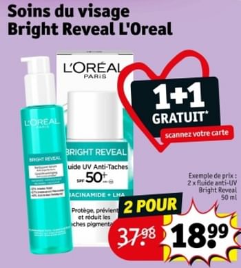 Promoties Fluide anti-uv bright reveal - L'Oreal Paris - Geldig van 09/04/2024 tot 21/04/2024 bij Kruidvat