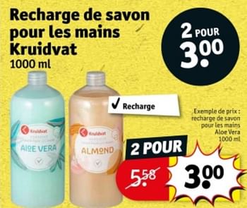 Promoties Recharge de savon pour les mains aloe vera - Huismerk - Kruidvat - Geldig van 09/04/2024 tot 21/04/2024 bij Kruidvat