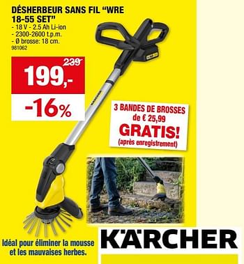Promoties Kärcher désherbeur sans fil wre 18-55 set - Kärcher - Geldig van 10/04/2024 tot 21/04/2024 bij Hubo