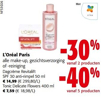 Promotions L’oréal paris alle make-up, gezichtsverzorging of -reiniging - L'Oreal Paris - Valide de 10/04/2024 à 23/04/2024 chez Colruyt