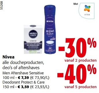 Promotions Nivea alle doucheproducten, deo’s of aftershaves - Nivea - Valide de 10/04/2024 à 23/04/2024 chez Colruyt
