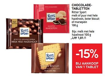 Promotions Chocoladetabletten ritter sport -15% bij aankoop van 1 tablet - Ritter Sport - Valide de 10/04/2024 à 23/04/2024 chez Alvo