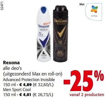 Promotions Rexona alle deo’s - Rexona - Valide de 10/04/2024 à 23/04/2024 chez Colruyt