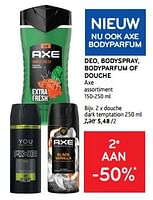 Promoties Deo, bodyspray, bodyparfum of douche axe 2e aan -50% - Axe - Geldig van 10/04/2024 tot 23/04/2024 bij Alvo
