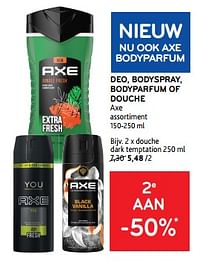 Deo, bodyspray, bodyparfum of douche axe 2e aan -50%-Axe