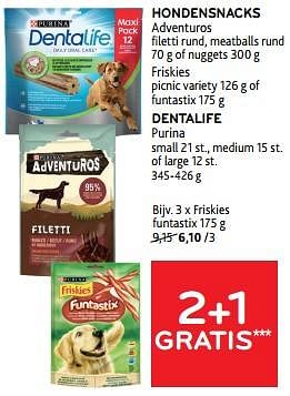 Promotions Hondensnacks adventuros + dentalife purina 2+1 gratis - Purina - Valide de 10/04/2024 à 23/04/2024 chez Alvo