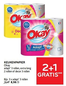 Promotions Keukenpapier okay 2+1 gratis - Okay - Valide de 10/04/2024 à 23/04/2024 chez Alvo