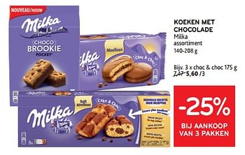 Promotions Koeken met chocolade milka -25% bij aankoop van 3 pakken - Milka - Valide de 10/04/2024 à 23/04/2024 chez Alvo
