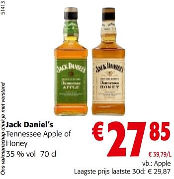 Promotions Jack daniel’s tennessee apple of honey - Jack Daniel's - Valide de 10/04/2024 à 23/04/2024 chez Colruyt