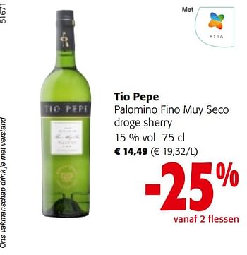 Promotions Tio pepe palomino fino muy seco droge sherry - Tio Pepe - Valide de 10/04/2024 à 23/04/2024 chez Colruyt