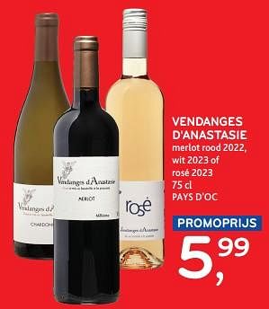 Promotions Vendanges d`anastasie merlot rood 2022, wit 2023 of rosé 2023 - Vins rouges - Valide de 10/04/2024 à 23/04/2024 chez Alvo