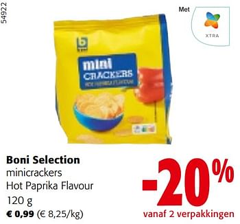 Promotions Boni selection minicrackers hot paprika flavour - Boni - Valide de 10/04/2024 à 23/04/2024 chez Colruyt